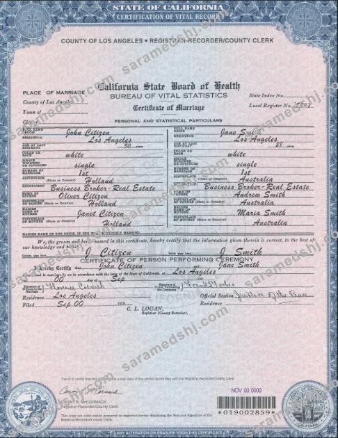 USA California Marriage Certificate template in PSD format